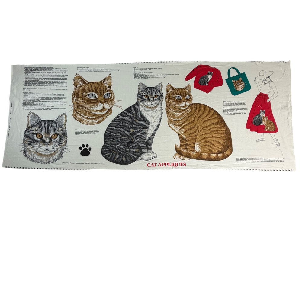 Vintage Cranston Print Works Cat Appliques Fabric Panel DIY Sewing Tabby Cats